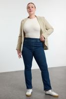 Trendyol Curve Blue High Waisted Stitch Detailed Elastic Waist Flare Plus Size Jeans