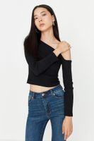 Trendyol Black Fitted Asymmetrical Neckline Off Shoulder Ribbed Knitted Blouse