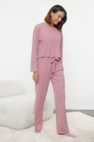 Trendyol Dusty Rose Tie/Bow Detailed Ribbed Knitted Pajama Set