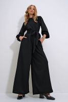 Trend Alaçatı Stili Women&#39;s Black High Collar Back Zipper Princess Sleeve Waist Belted Jumpsuit