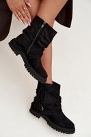 Boto Ocieplane Botki Damskie Z Frędzlami I Klarami Na Płaskim Obcasie Czarne Helianne