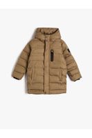 Koton Long Down Jacket Fleece Lined Quilted Hooded Wind Cap