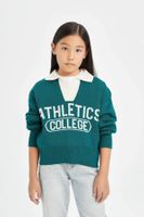 DEFACTO Girls Polo Neck Text Printed Knitwear Sweater