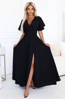 581-7 JENNIFER długa suknia z rozcięciem na nogę, rękawkiem i dekoltem - czarna