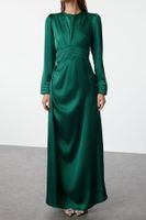 Trendyol Emerald Green Belt Detailed Satin Woven Evening Dress