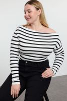 Trendyol Curve Black Striped Premium Soft Fabric Fitted Boat Neck/Madonna Collar Flexible Knitted Blouse