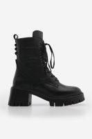 Marjin Women's Genuine Leather Lace-Up and Zippered Thick Heeled Combat Boots Miros Black