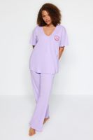 Trendyol Curve Lilac Printed, Pocket Detailed, Knitted Pajamas Set