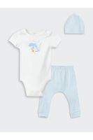 LC Waikiki Crew Neck Printed Baby Boy Snap-Faced Body Pants and Beret 3-Piece Set