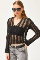 Olalook Women's Black V-Neck Stripe Openwork Seasonal Knitwear Blouse