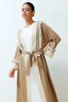 Trendyol Brown Belted Embroidery Detailed Crinkle Woven Kimono & Kaftan & Abaya