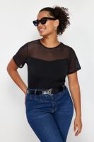 Trendyol Curve Black Heart Neck Mesh Detailed Knitted Blouse