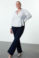 Trendyol Curve Blue Double Breasted Long Sleeve Tied Waist Woven Plus Size Shirt