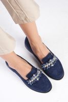 Mio Gusto Matilda Women's Dark Blue Oxford Flat Shoes with Stones