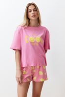 Trendyol Pink 100% Cotton Slogan Fruit Printed Knitted Pajama Set