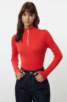 Trendyol Red Cotton Blend Zippered Stand Collar Thin Knit Sweater