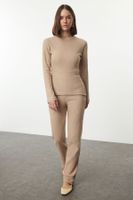 Trendyol Camel Side Slits Regular/Normal Cut Crew Neck Knitted Bottom-Top Set