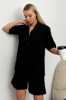 Trend Alaçatı Stili Women's Black Single Pocket Shorts Woven Pajamas Suit