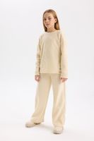 DEFACTO Girls Pajama Set Fleece Crew Neck Long Sleeve Basic Plain Top Long Bottom