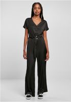 Women's satin jumpsuit with a wide belt in black