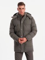 Ombre Men's long warm parka jacket with wool - dark grey melange