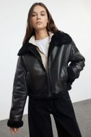 Trendyol Brown Oversize Molded Plush Detail Biker Jacket Coat