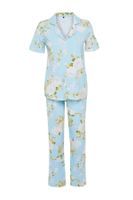 Trendyol Curve Blue Floral Patterned Shirt Collar Knitted Pajama Set