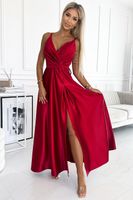498-4 Long satin dress with a neckline and double straps - red