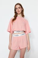 Trendyol Light Pink Cotton Slogan Elastic Detailed T-shirt-Shorts Knitted Pajama Set