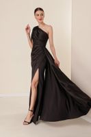 By Saygı One Sleeve Front Draped Lined Satin Long Dress