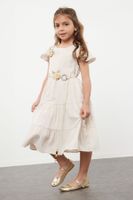 Trendyol Girl's Stone Belt Detailed Flower Applique Cotton Woven Short Sleeve Dress