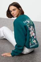 Trendyol Petrol Oversize/Wide Pattern Front Back Printed Thick Inside Polar Fleece Knitted Sweatshirt