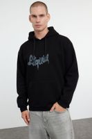 Trendyol Black Oversize/Wide Cut Text Printed Inside Fleece/Warm Hooded Sweatshirt