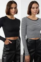 Trendyol Black-Black Striped 2 Pack Fitted Flexible Knitted Blouse