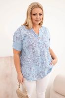 Bluzka plus-size Kesi Włoski z krótkim rękawem i guzikiem, niebieska