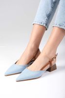 Mio Gusto Carly Blue Color Denim Fabric Open Back Women's Short Heeled Jeans Shoes.