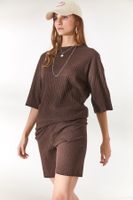 Olalook Women's Bitter Brown Bottom Short Tights Top Loose Blouse Set