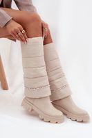 Boto Kozaki Damskie Ocieplane Z Koralikami Jasnobeżowe Irvette