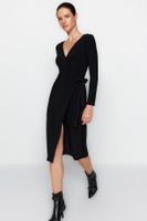 Trendyol Black Double Breasted Neck Belted Fitted Midi Knitted Dress