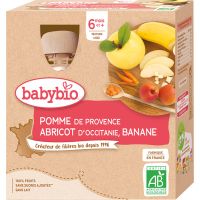 Babybio BIO jablko, marhuľa a banán ovocný príkrm 4x90 g