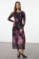 Trendyol Pink Floral Crew Neck Lined Bodycon Tulle Midi Knitted Dress