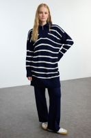 Trendyol Navy Blue Zipper Relaxed Thessaloniki Striped Knitwear Hijab Bottom-Top Set