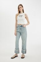 DEFACTO Straight Fit High Waist Folded Leg Ankle Length Jean Washed Trousers