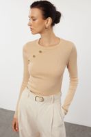 Trendyol Mink Fitted Raglan Sleeve Stretchy Knitted Blouse with Snap Detail