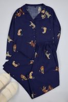 Trendyol Curve Navy Blue Tiger Pattern Shirt Collar Woven Pajama Set