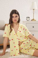 Trendyol Yellow Striped and Strawberry Patterned Viscose Woven Pajama Set