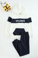 Trendyol Ecru Boy's Slogan Printed Kangaroo Pocket Cotton Knitted Bottom-Top Set