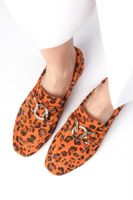 Mio Gusto Myrcella Genuine Suede Orange Color Leopard Pattern Chain Accessory Blunt Toe Women's Loaf