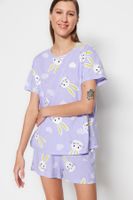 Trendyol Lilac 100% Cotton Heart Rabbit Patterned Tshirt-Shorts Knitted Pajama Set