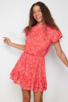 Trendyol Red Special Textured Skirt Ruffled Mini Short Sleeve High Collar Flexible Knitted Mini Dress